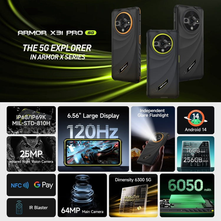 Ulefone Armor X31 Pro 5G, 8GB+256GB, Night Vision, Rugged Phone, 6.56 inch Android 14 MediaTek Dimensity 6300