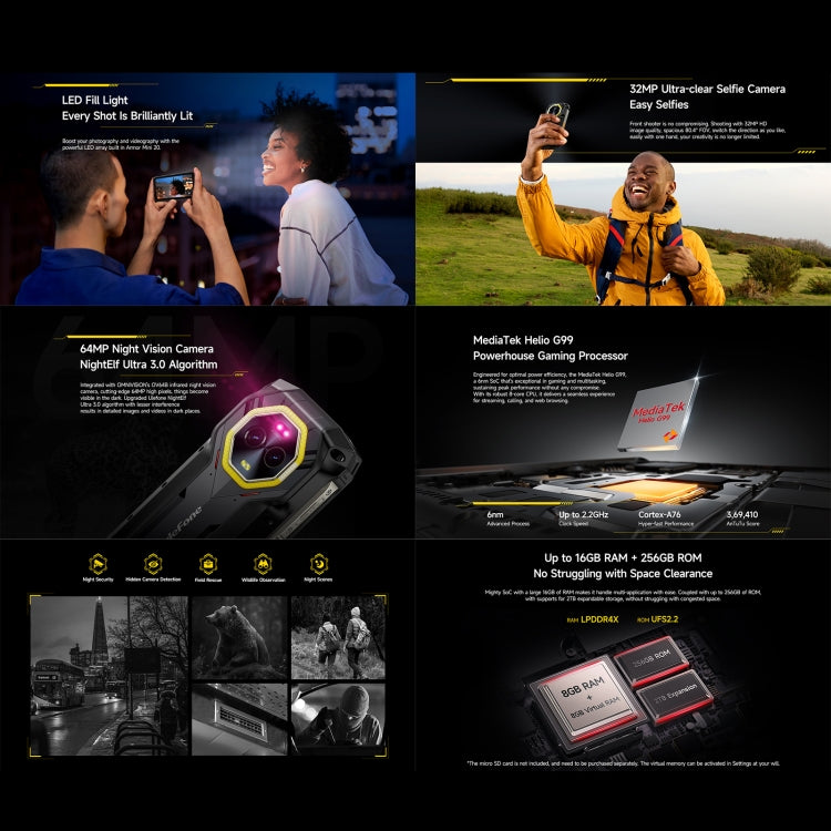 Ulefone Armor Mini 20 Rugged Phone - Night Vision, 8GB+256GB, IP68/IP69K, 4.7 Inch Android 14, MediaTek Dimensity 6300, 4G, NFC, OTG