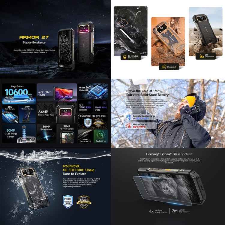 Ulefone Armor 27 4G Rugged Phone, 12GB+256GB, Night Vision, 10600mAh, 6.78 inch Android 14 MediaTek Helio G99
