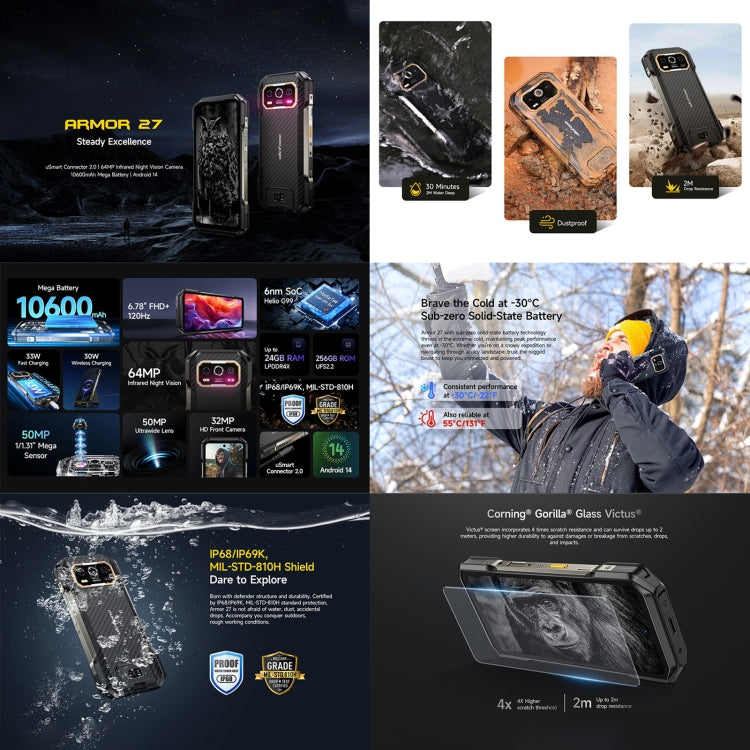 Teléfono robusto Ulefone Armor 27 4G, 12 GB + 256 GB, visión nocturna, 10600 mAh, pantalla de 6,78 pulgadas, Android 14, MediaTek Helio G99