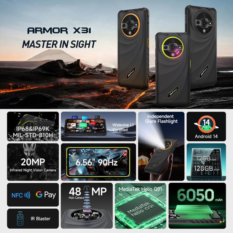 Ulefone Armor X31 Rugged Phone - 6GB RAM, 128GB Storage, Night Vision, IP68/IP69K, 6.56" Display, Android 14, MediaTek Helio G91, 4G, NFC, OTG