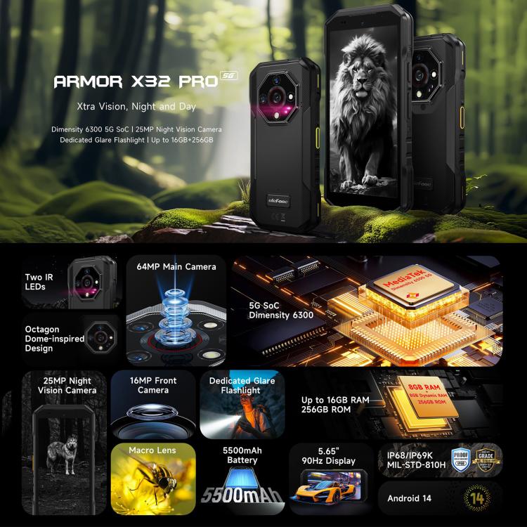 Teléfono robusto Ulefone Armor X32 Pro 5G: 8 GB de RAM, 256 GB de almacenamiento, visión nocturna, IP68/IP69K, MediaTek Dimensity 6300, pantalla de 5,65 pulgadas, Android 14