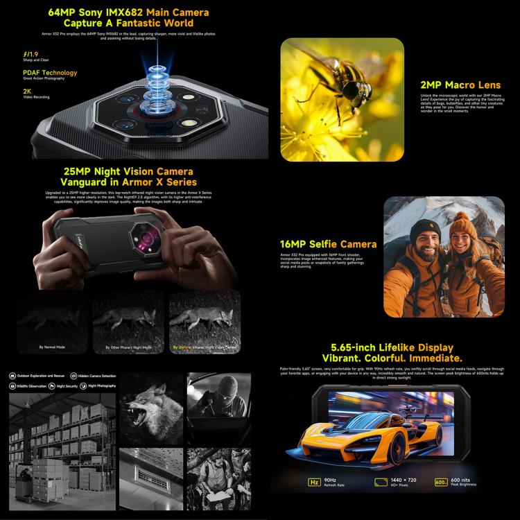 Teléfono robusto Ulefone Armor X32 Pro 5G: 8 GB de RAM, 256 GB de almacenamiento, visión nocturna, IP68/IP69K, MediaTek Dimensity 6300, pantalla de 5,65 pulgadas, Android 14