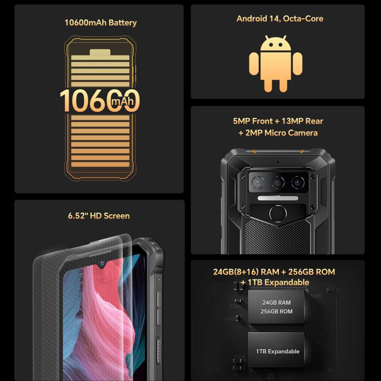 Teléfono robusto Oukitel WP23 Plus de 8 GB + 256 GB, 6,52 pulgadas, Android 14.0, Unisoc T606 de ocho núcleos, NFC, OTG, red 4G 