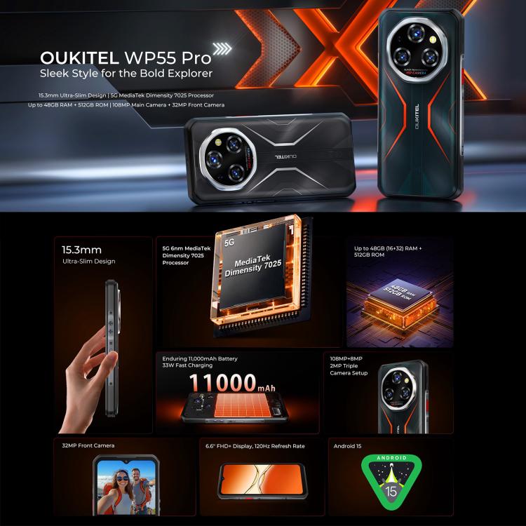 Teléfono robusto Oukitel WP55 Pro 5G, 16 GB + 512 GB, cámara de 108 MP, reconocimiento de huellas dactilares, pantalla de 6,6 pulgadas, Android 15, MediaTek Dimensity 7025 