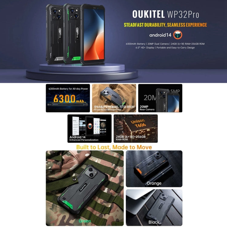 Oukitel WP32 Pro, 6GB+256GB, 6.0 inch Android 14 T606 Octa Core, OTG, Network: 4G, WP32 Pro, 6GB+256GB