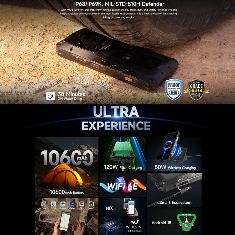 Teléfono Ulefone Armor 28 Pro - 16 GB + 512 GB, visión nocturna, batería de 10600 mAh, pantalla de 6,67 pulgadas, Android 15, red 5G, MediaTek Dimensity 7300