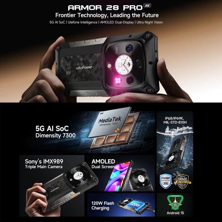 Teléfono Ulefone Armor 28 Pro - 16 GB + 512 GB, visión nocturna, batería de 10600 mAh, pantalla de 6,67 pulgadas, Android 15, red 5G, MediaTek Dimensity 7300