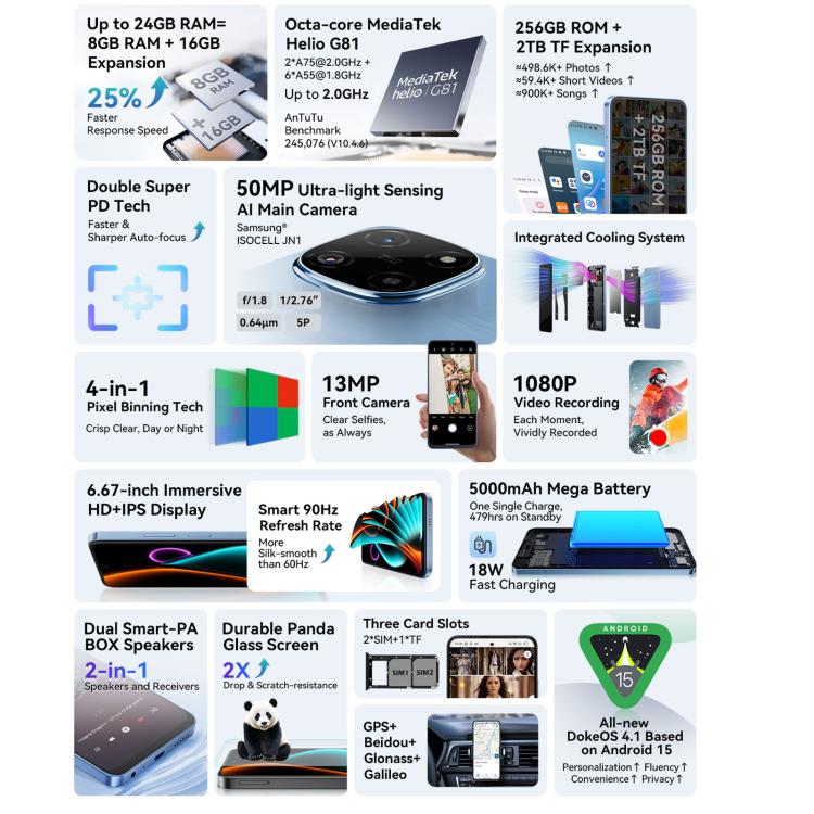 Blackview COLOR 6 Smartphone - 8GB RAM, 128GB Storage, 6.67" Display, Fingerprint & Face ID, MediaTek Helio G81, 4G Network