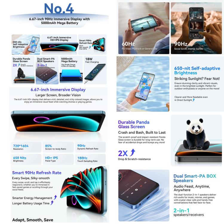 Blackview COLOR 6 Smartphone - 8GB RAM, 256GB Storage, Fingerprint & Face ID, 6.67" Android 15, MediaTek Helio G81, 4G Network