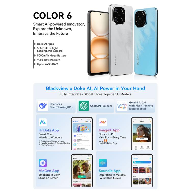 Blackview COLOR 6 Smartphone - 8GB RAM, 256GB Storage, Fingerprint & Face ID, 6.67" Android 15, MediaTek Helio G81, 4G Network