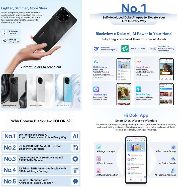 Blackview COLOR 6 Smartphone - 8GB RAM, 256GB Storage, Fingerprint & Face ID, 6.67" Android 15, MediaTek Helio G81, 4G Network