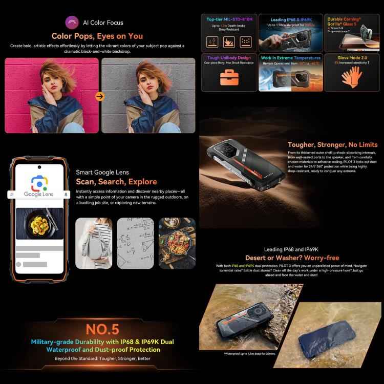 Blackview Oscal Pilot 3 5G Rugged Phone, 12GB+256GB, Night Vision Camera, 7500mAh, 6.56 inch Android 15 MediaTek Dimensity 6300