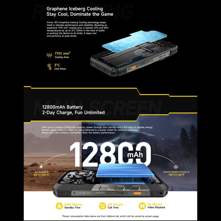 Teléfono robusto Ulefone Armor 30: 12 GB + 512 GB, visión nocturna, IP68/IP69K, pantalla de 6,95 pulgadas, Android 15, MediaTek Helio G100, 4G, NFC, OTG