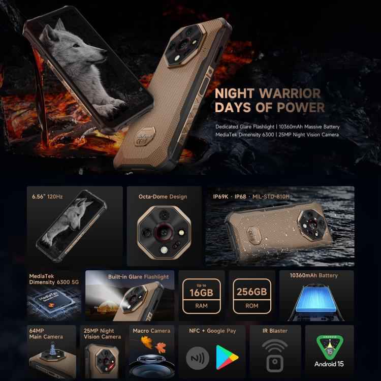 Ulefone Armor X16 Pro 5GB, 16GB+256GB, Night Vision, IP68/IP69K Rugged Phone, 6.56 inch Android 15 MediaTek Dimensity 6300