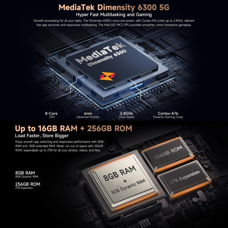 Ulefone Armor X16 Pro 5GB, 8GB + 256GB, Visión Nocturna, Teléfono Resistente IP68/IP69K, 6.56 pulgadas, Android 15, MediaTek Dimensity 6300