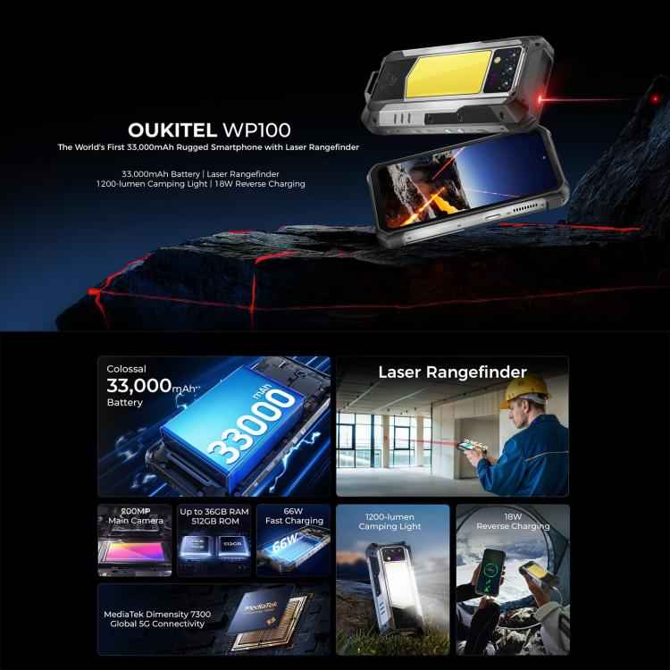 Oukitel WP100 Laser Rangefinder Rugged Phone, 12GB+512GB, 200MP Camera, 6.8 inch Android 14 MediaTek Dimensity 7300