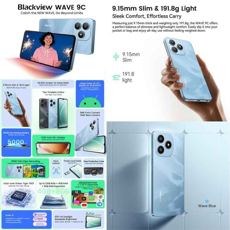 Blackview WAVE 9C, 4GB+128GB, 6.56 inch Android 15 Unisoc T603 SC9863A Octa Core