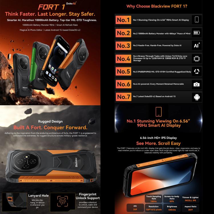 Blackview FORT 1, 4GB+128GB, 6.56 inch 10000mAh Android 15 Unisoc UMS9230E
