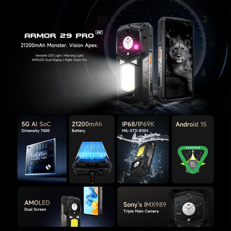 Teléfono robusto Ulefone Armor 29 Pro 5G, 16 GB + 512 GB, pantalla de 6,67 pulgadas + subpantalla trasera de 1,04 pulgadas, batería de 21200 mAh, carga rápida de 120 W, Android 15