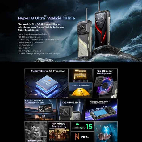 HOTWAV Hyper 8 Ultra 5G Walkie-talkie Rugged Phone, 12GB+512GB, 6.8 inch Android 15 Dimensity 7050 Octa Core