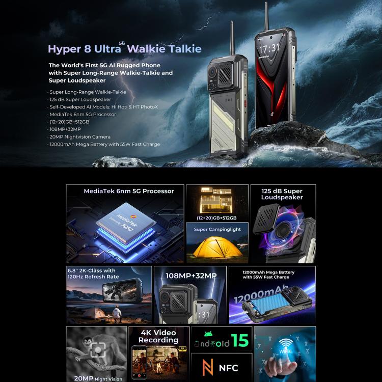 Teléfono robusto Hotwav Hyper 8 Ultra 5G Walkie-talkie, 12 GB + 512 GB, pantalla de 6,8 pulgadas, Android 15, procesador Octa Core 7050 
