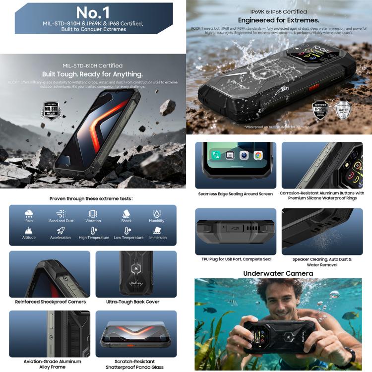 Blackview ROCK 1 Rugged Phone, 8GB+256GB, 6.56 inch Android 16 MT6769V/CB Helio G81 Octa Core, Network: 4G, OTG, NFC, ROCK 1 8GB+256GB
