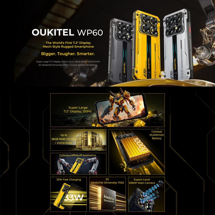 Oukitel WP60 Rugged Phone, 12GB+512GB, Night Vision, 108MP Camera, Side Fingerprint, 7.2 inch Android 15 , Network: 5G, 12GB+512GB