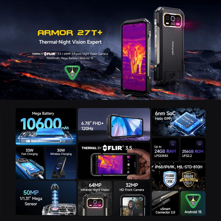 Ulefone Armor 27T+ Rugged Phone, 12GB+256GB, Thermal Imager, Night Vision, 10600mAh, 6.78 inch, Network: 4G, NFC, OTG, Armor 27T+