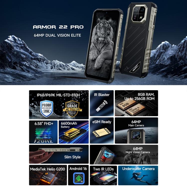 Ulefone Armor 22 Pro Rugged Phone | IP68/IP69K Waterproof, 8GB+256GB