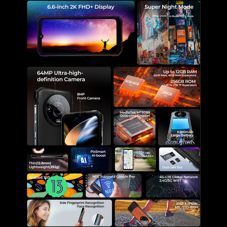 HOTWAV T7 Rugged Phone - 6GB RAM, 256GB Storage, 6280mAh Battery, 6.6 Inch Display, Android 13 MT8788