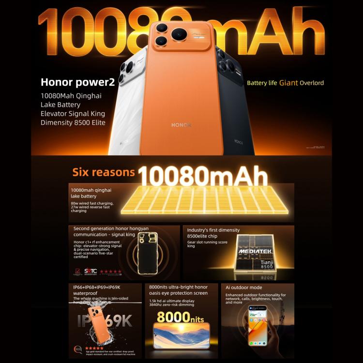 Honor Power2, 12GB+512GB, 10080mAh Battery, 6.79 inch MagicOS 10.0 / Android 16 Dimensity 8500 Elite Octa Core, Network: 5G, NFC, OTG, 12GB+512GB