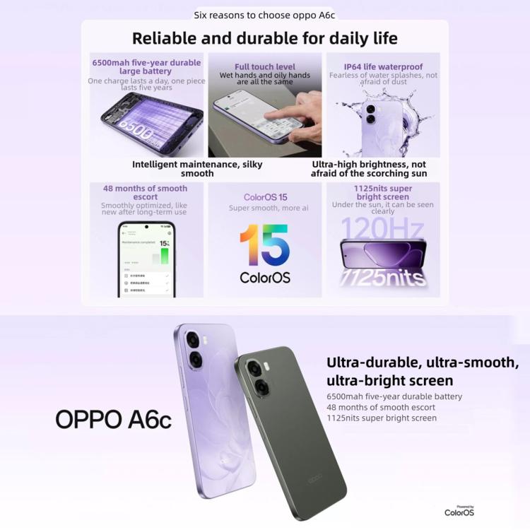 OPPO A6c 4G 6GB/128GB – Snapdragon 685, ColorOS 15, Side Fingerprint