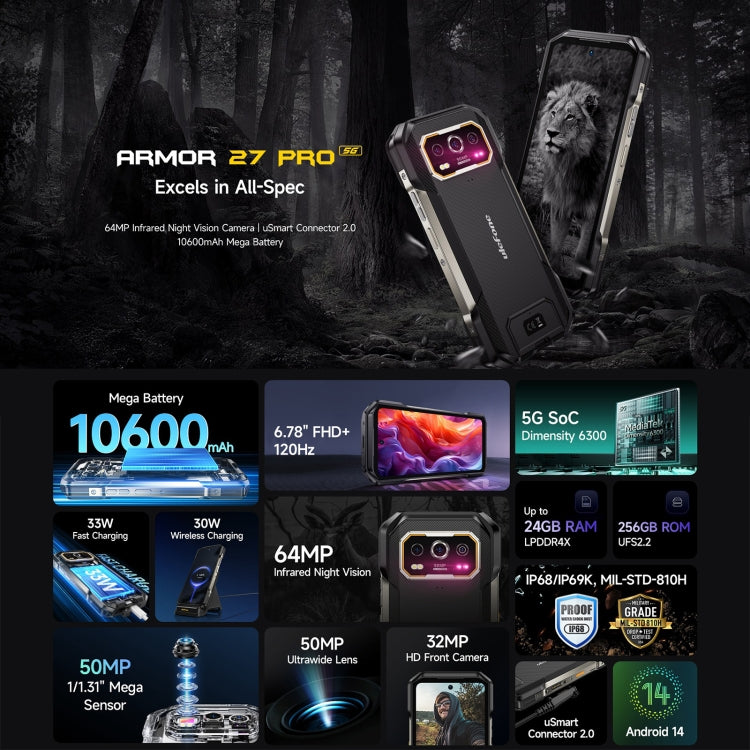 Ulefone Armor 27 Pro Rugged Phone - 12GB RAM, 256GB Storage, Night Vision, 10600mAh Battery, 6.78 inch, Android 14, MediaTek Dimensity 6300, 5G, NFC