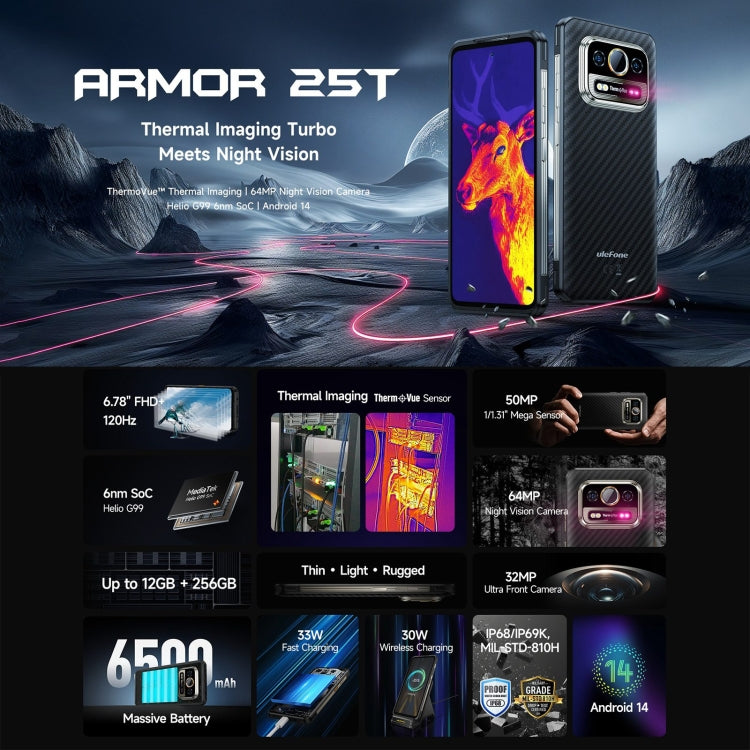 Ulefone Armor 25T Rugged Phone with 6GB+256GB, Thermal Imaging, 6.78-Inch Android 14, MediaTek Helio G99, 4G, NFC, OTG