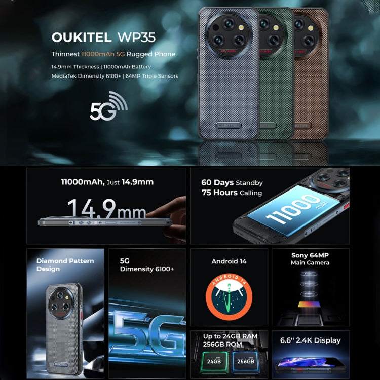 Oukitel WP35 5G Rugged Phone - 8GB RAM, 256GB Storage, IP68/IP69K, 11000mAh Battery, 6.6" MediaTek Dimensity 6100+