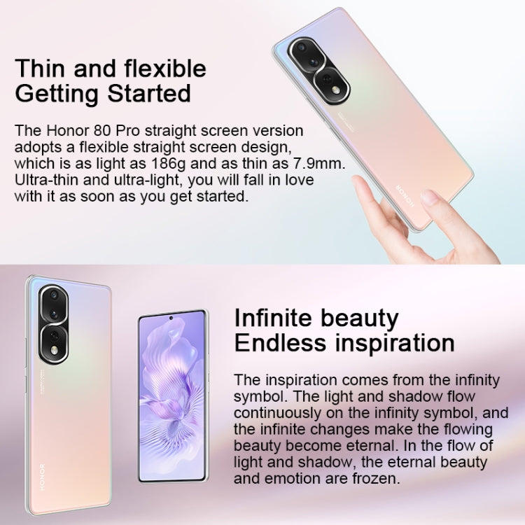 HONOR 80 Pro Flat 5G Triple Back Cameras, Screen Fingerprint Identification, 6.67 inch Magic UI 7.0 Qualcomm Snapdragon 8+ Gen1 Octa Core up to  3.0GHz, Network: 5G, OTG, NFC, Not Support Google Play, Honor 80 Pro Flat 5G, 12GB+256GB