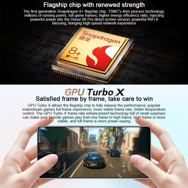 HONOR 80 Pro Flat 5G Triple Back Cameras, Screen Fingerprint Identification, 6.67 inch Magic UI 7.0 Qualcomm Snapdragon 8+ Gen1 Octa Core up to  3.0GHz, Network: 5G, OTG, NFC, Not Support Google Play, Honor 80 Pro Flat 5G, 12GB+256GB
