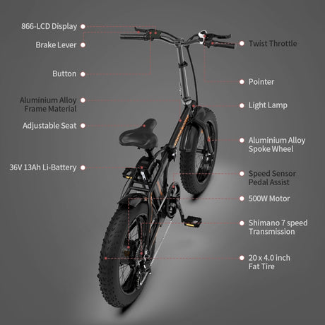 500W 36V 13AH Foldable E-Bike for Adults - 20'' Tires, Orange/Black - LYDARZ