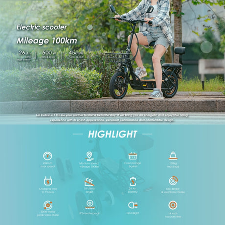 KuKirin C1 Pro 500W Electric Scooter | 48V 26Ah, 14" Tires, EU Plug - LYDARZ