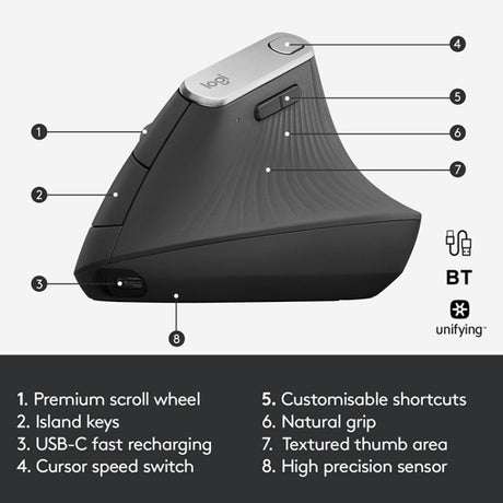 Logitech MX Vertical 4000DPI Wireless Ergonomic Vertical Optical Mouse with USB-C - LYDARZ