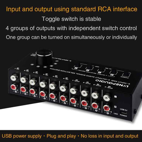 6-In 4-Out RCA Audio Switcher – Signal Selector & Distributor