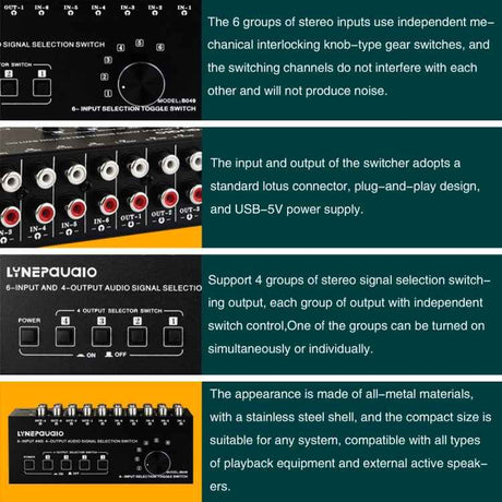 6-In 4-Out RCA Audio Switcher – Signal Selector & Distributor