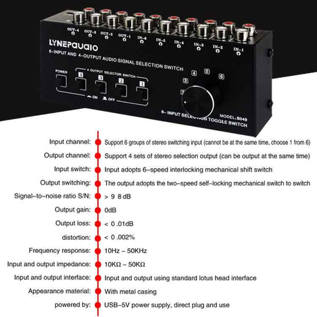 6-In 4-Out RCA Audio Switcher – Signal Selector & Distributor