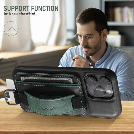 Suteni H13 Card Wallet Wrist Strap Holder PU Phone Case