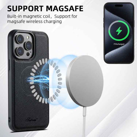 Suteni H18 Cross Grain MagSafe Wallet Leather Phone Case