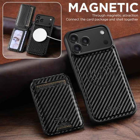 Suteni TXWH18 Carbon Fiber Texture Detachable Wallet MagSafe Phone Case