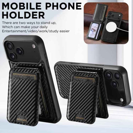 Suteni TXWH18 Carbon Fiber Texture Detachable Wallet MagSafe Phone Case