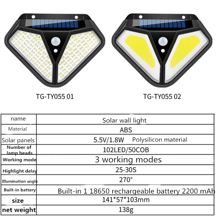 Solar Wandleuchte Körper Induktion Gartenlampe Villa Wasserdichte Außenbeleuchtung Straßenlaterne, 102 LED, 50 COB