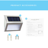 2PCS Solar Stainless Steel Stair Wall Lamp - 3 LED Outdoor Garden Fence Light